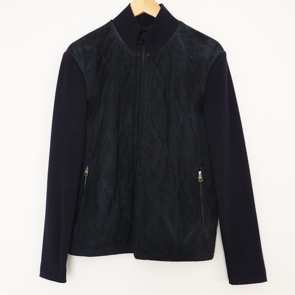 Men’s Saks Fifth Avenue Navy Blue Goatskin leather/Wool Jacket/Bomber M Italy - Picture 1 of 8